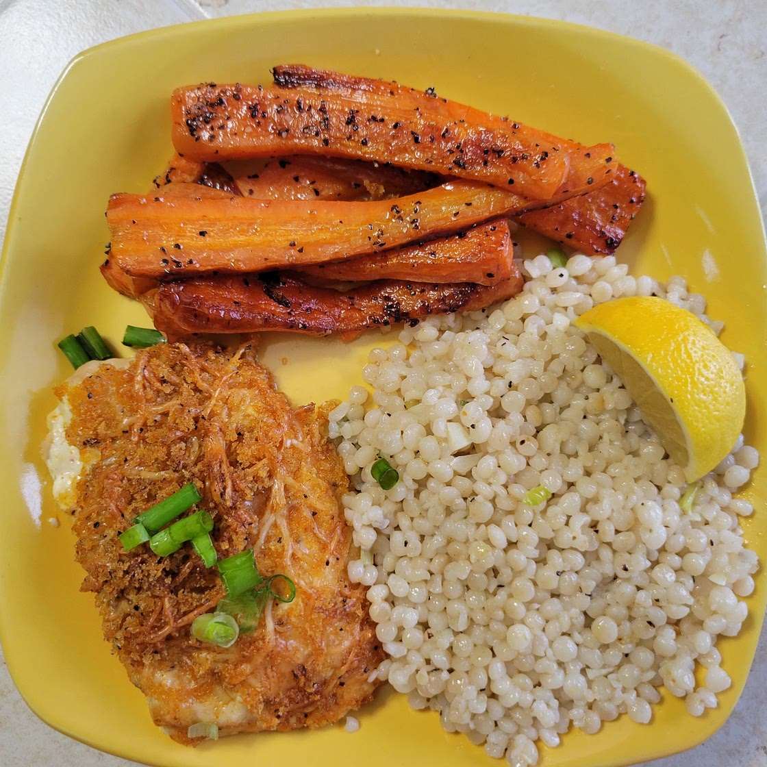 Mozzarella Herb Chicken with Israeli Couscous and Carrots