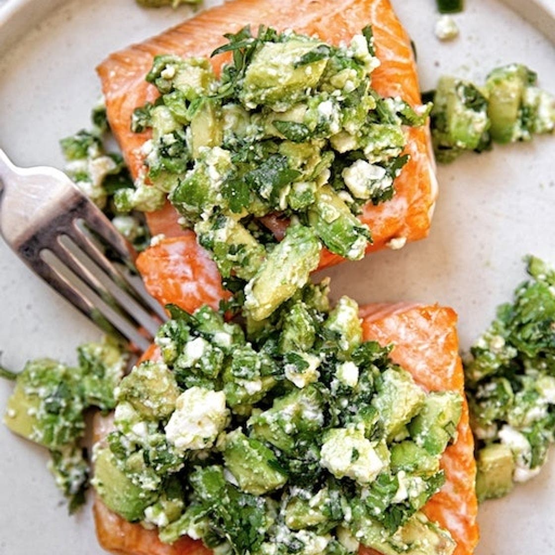 Salmon with Spicy Avocado Feta Salsa