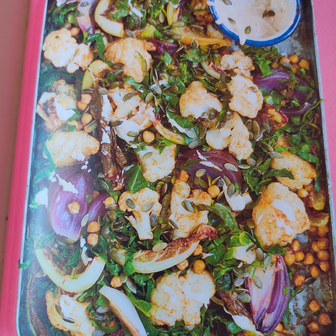 Roasted Cauliflower with Chickpeas, Spring Greens, Lemon and Tahini