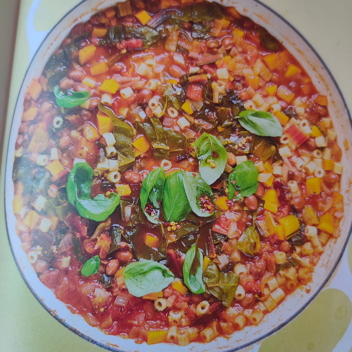 All-in-One Kale and Borlotti Minestrone with Ditalini, Chili Oil and Pine Nuts