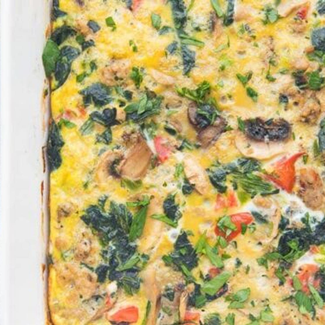 Whole30 Breakfast Casserole with Sausage, Eggs, Spinach, and Mushrooms