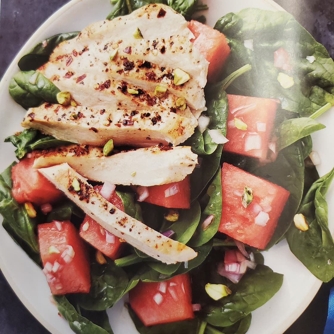 Spicy Seared Chicken with Watermelon- Spinach Salad