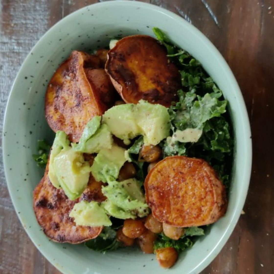 Kale Caesar Salad with Sweet Potatoes and Crispy Chickpeas