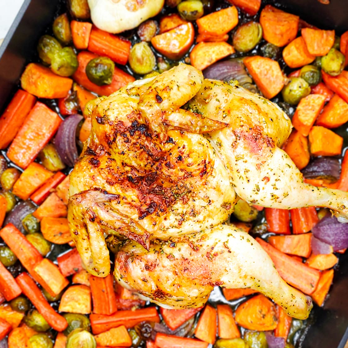 Roasted Butterflied Chicken with Rosemary-Garlic Butter and Root Vegetables