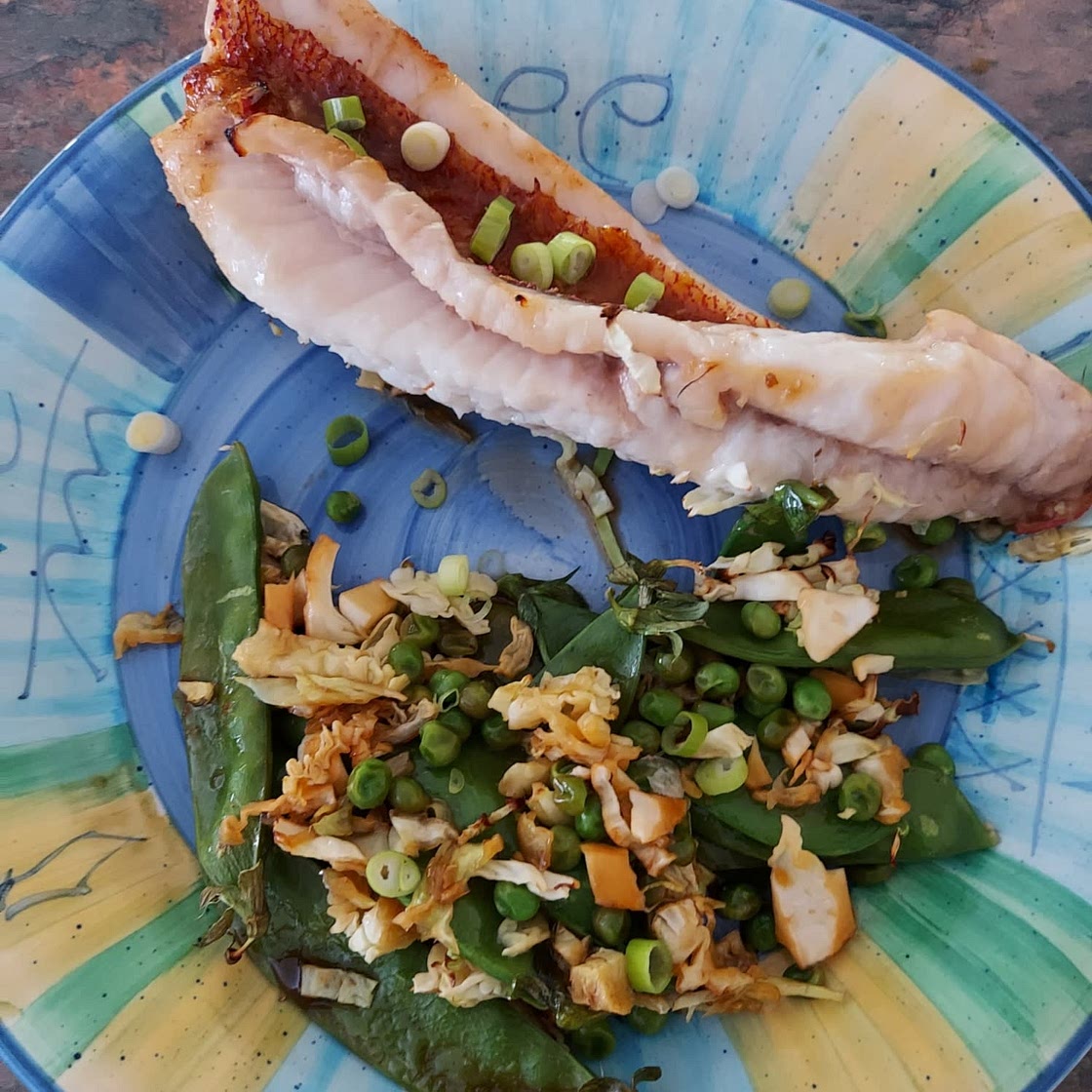 Ginger and Lemongrass Snapper with Mangetout and Peas
