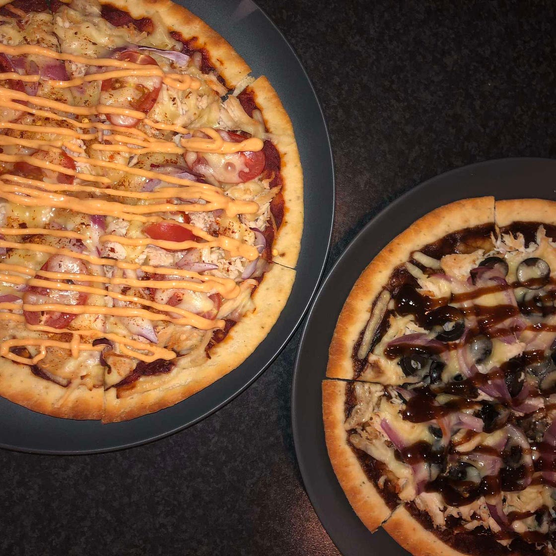 Bbq chicken pizza and peri peri chicken pizza
