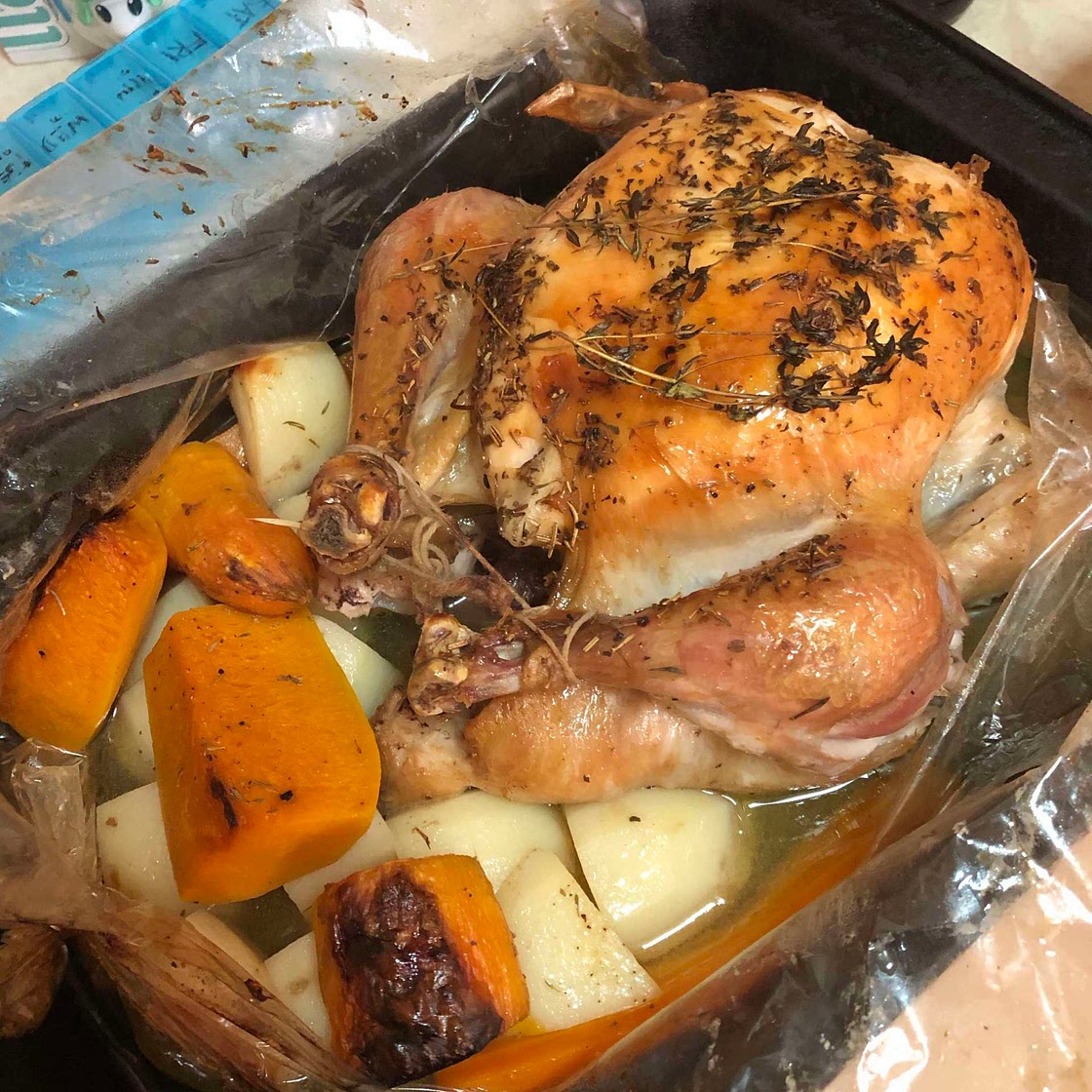 Roast chicken & thyme in an oven bag
