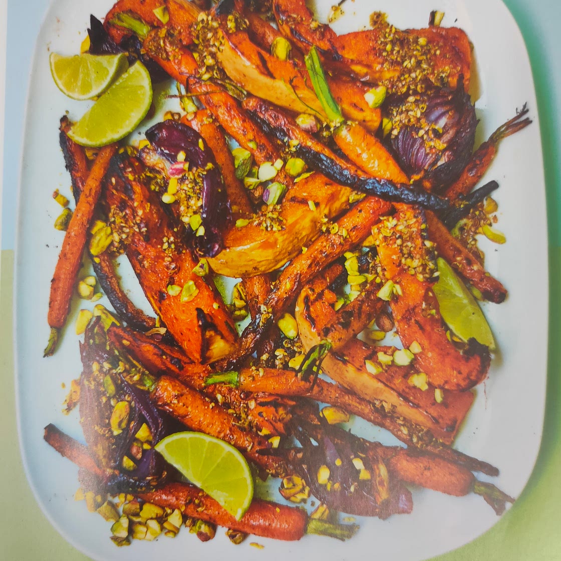 Squash with Charred Carrots, Red Onions, Coriander Seeds, Pistachios and Lime