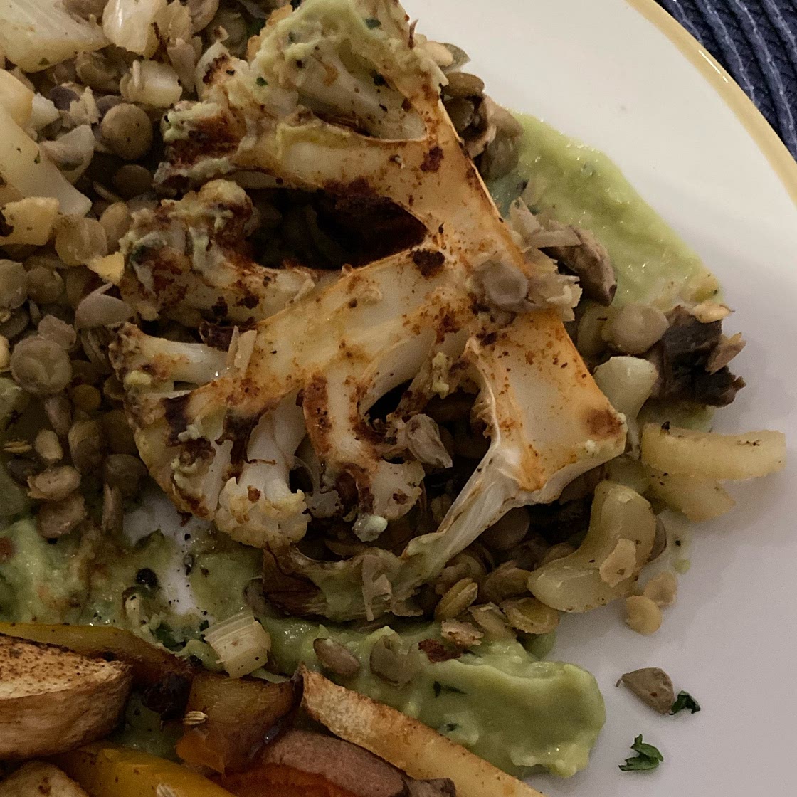 Cauliflower Steaks with Lemon-Caper Lentils and Harissa "Hummus"