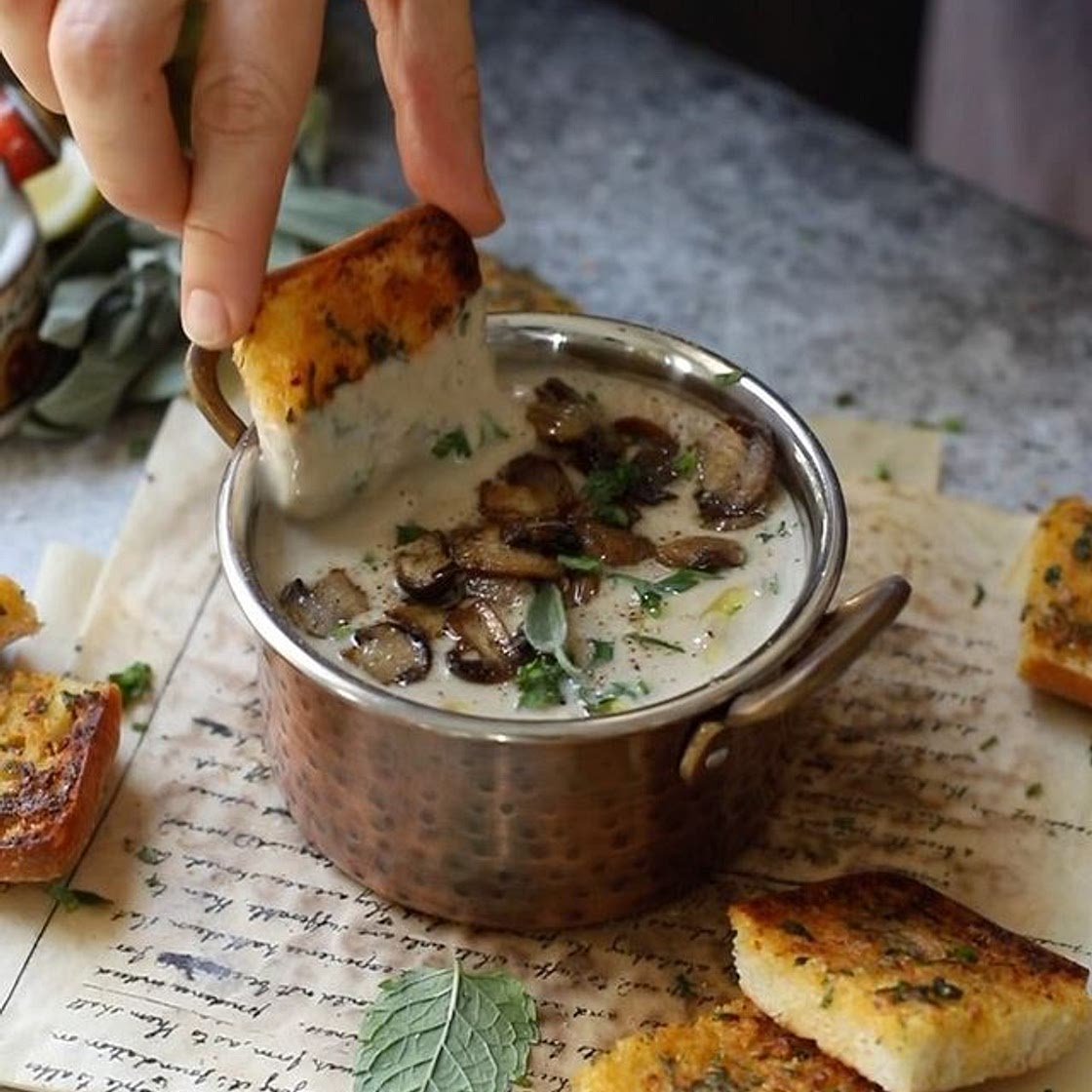 Creamy Mushroom Soup with Crispy Garlic Bread