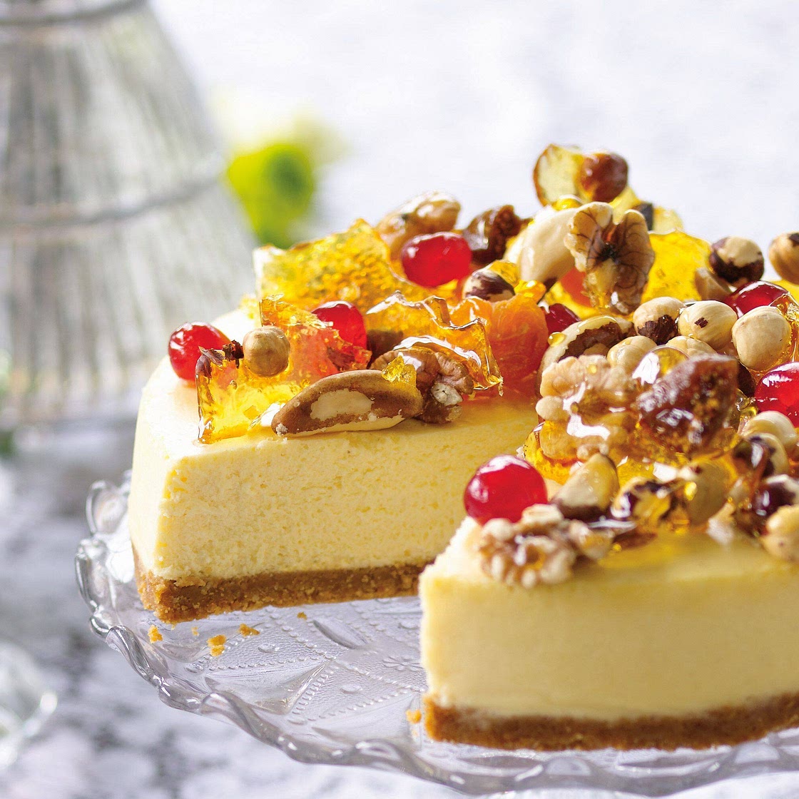 Eggnog cheesecake with stained-glass praline