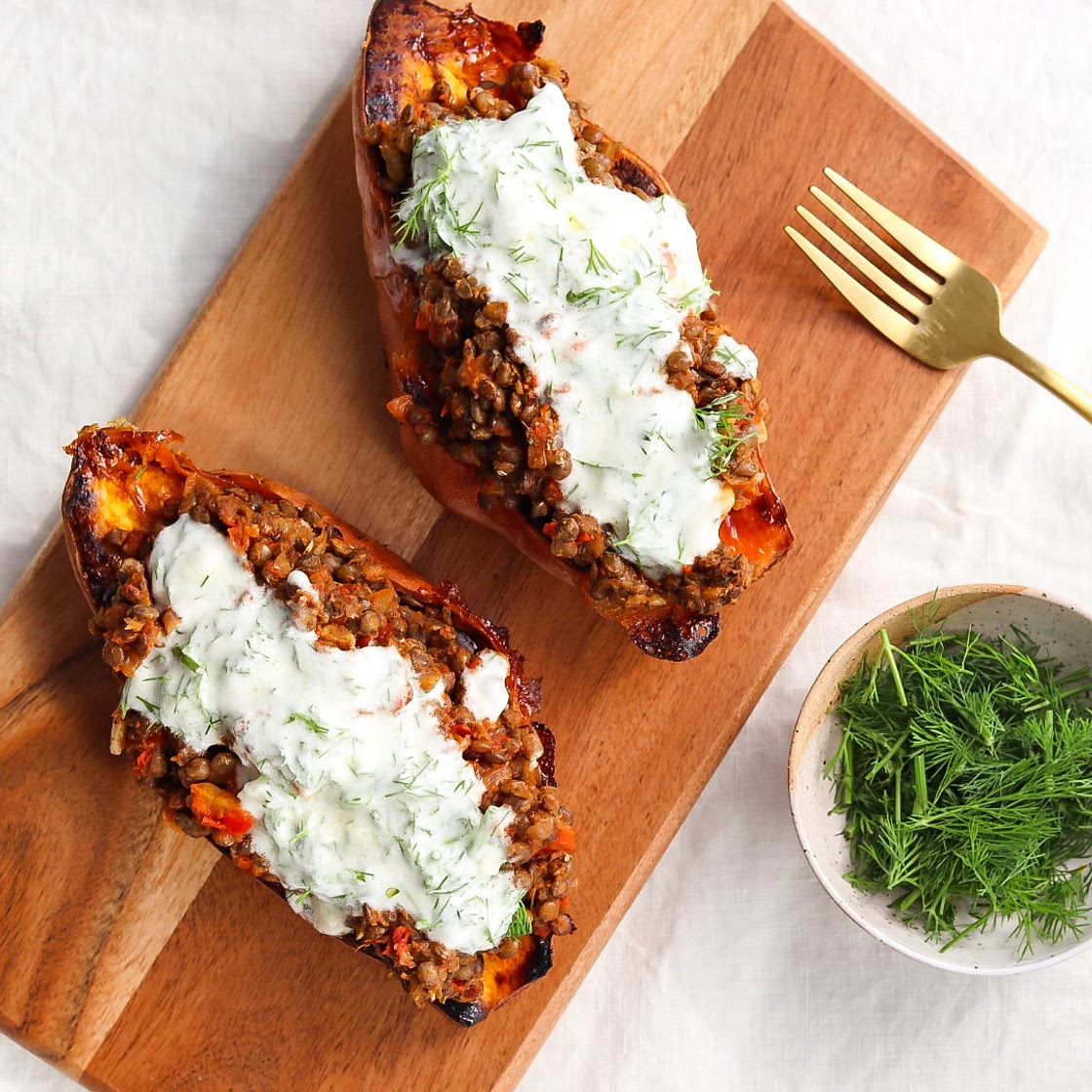Greek Lentil Stuffed Baked Sweet Potatoes (vegan)