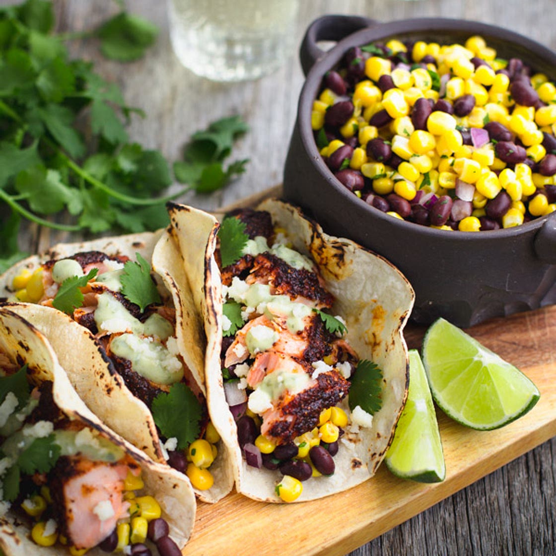 Blackened Salmon Tacos with Avocado Sauce