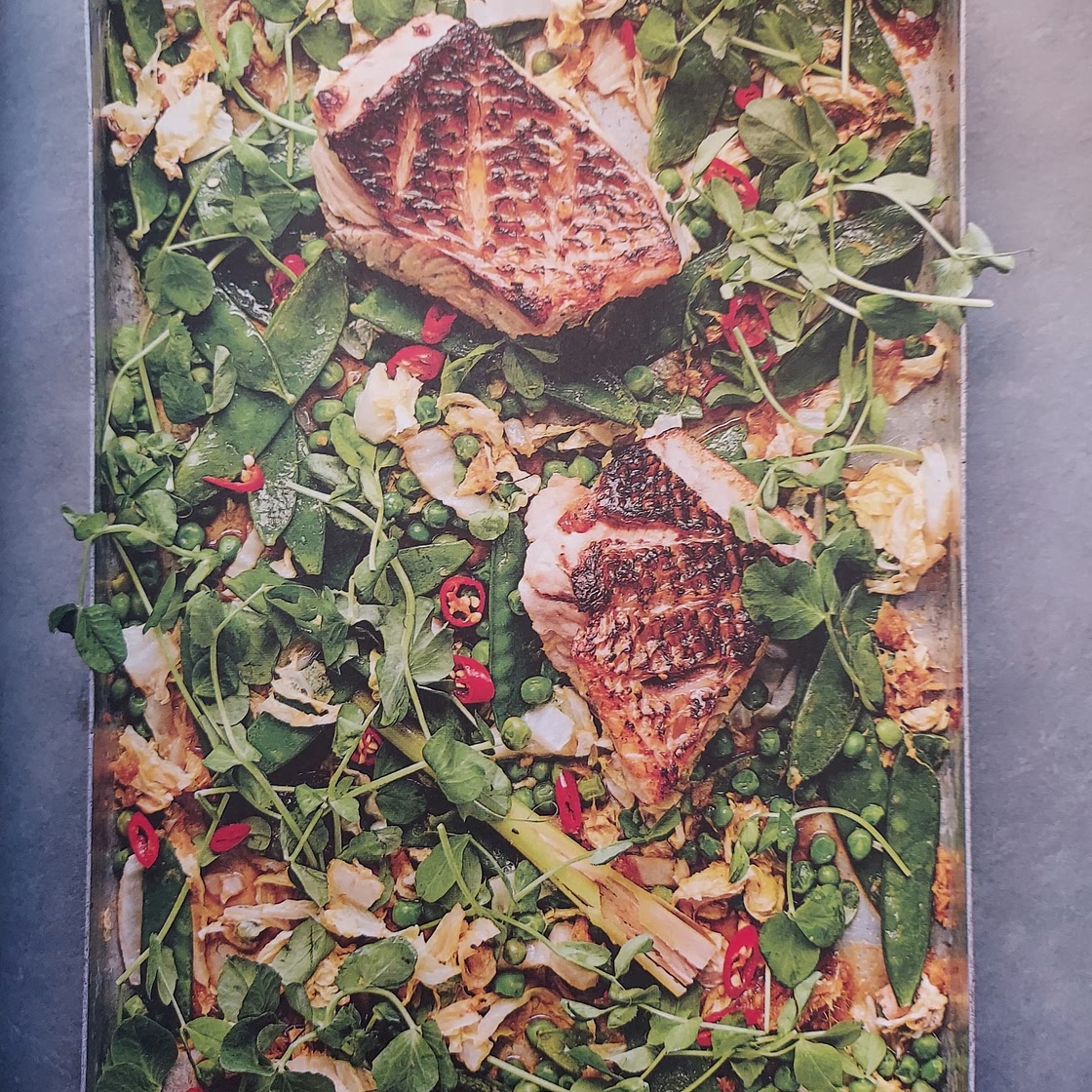 Ginger and Lemongrass Snapper with Mangetout and Peas