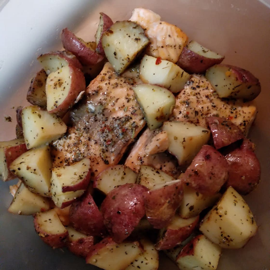 One Sheet-Pan Garlic Butter Salmon + Red Potatoes