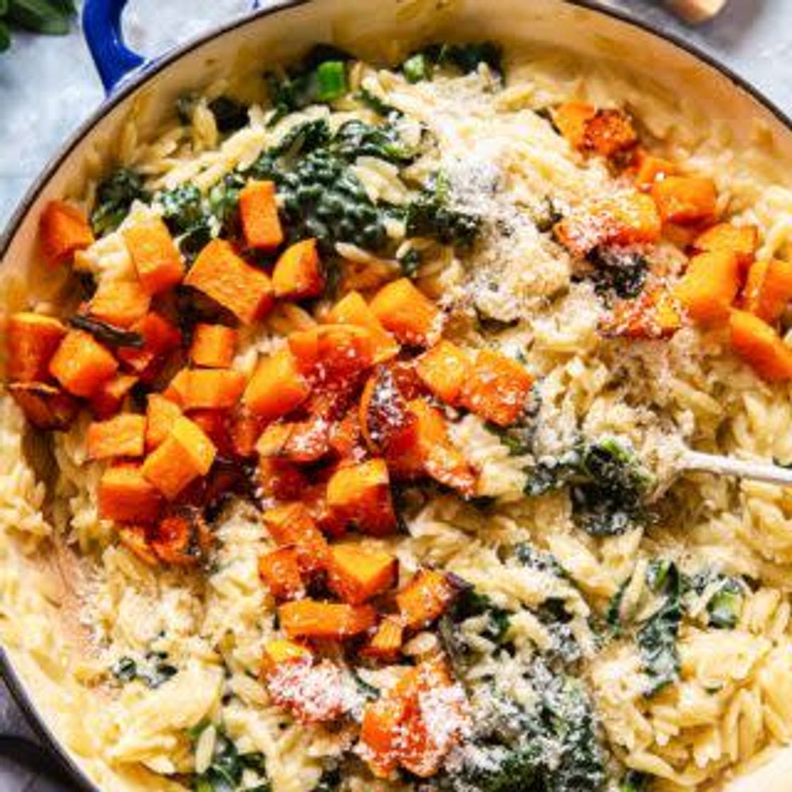 Creamy orzo pasta with roasted butternut squash
