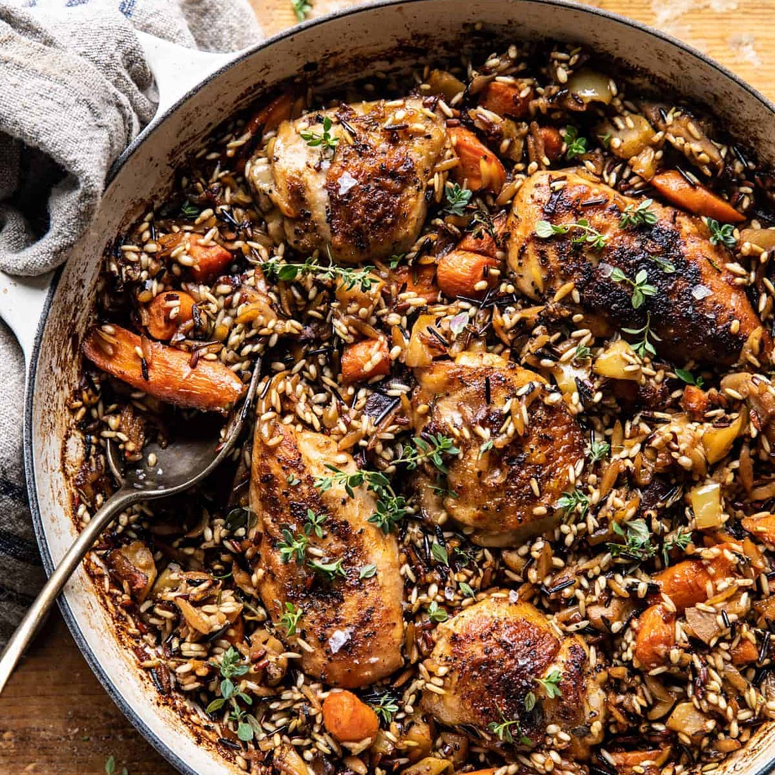 One Pot Lemon Rosemary Dijon Chicken and Butter Toasted Rice Pilaf