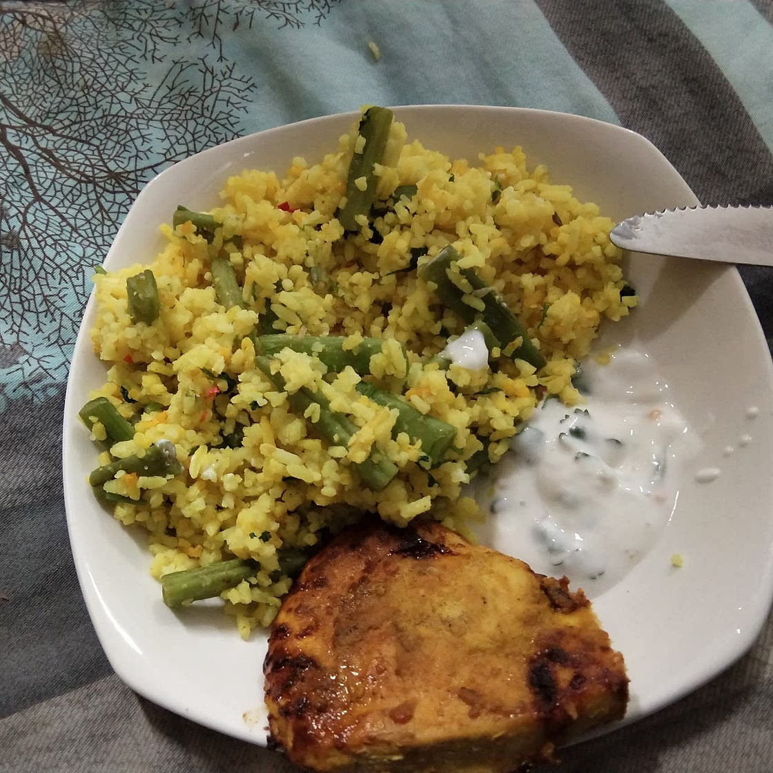 Tandoori Hasselback Chicken with Turmeric Rice, Green Beans and Red Chilli Yoghurt