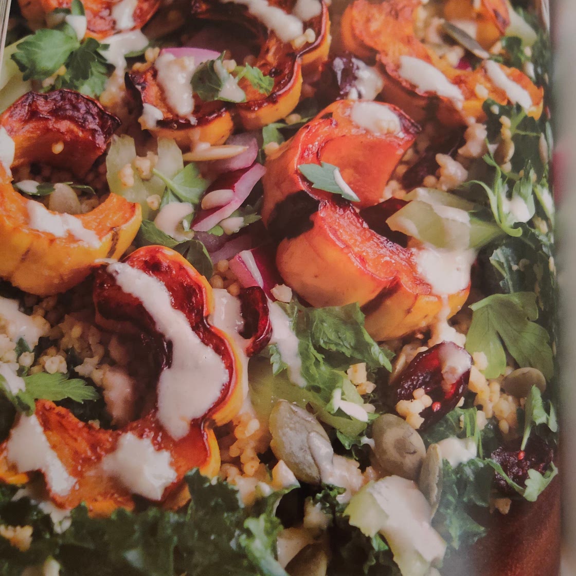 Squash, millet and kale salad with lemon-tahini dressing
