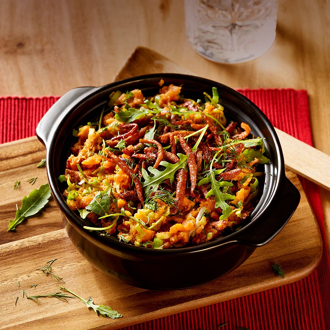 Zoete aardappel, prei en rucola stamppot | Vivera