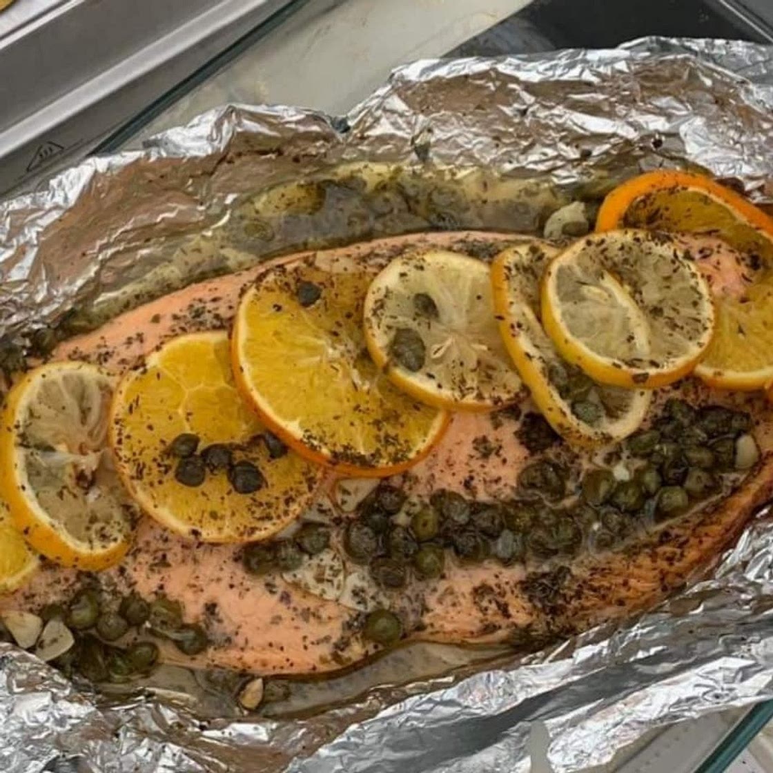 Poached Salmon in a tinfoil boat