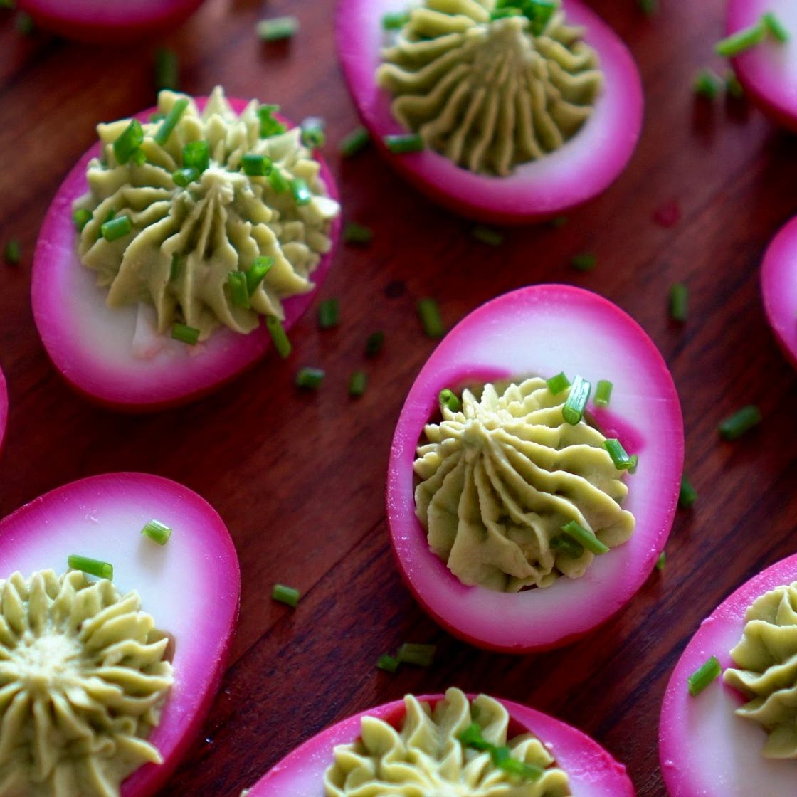 Beet Pickled Deviled Eggs with Avocado 