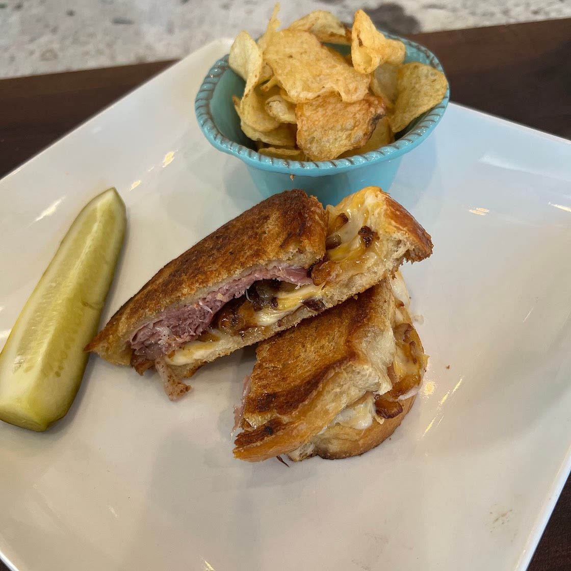 Gooey Grilled Cheese and Prosciutto with carmelized onions