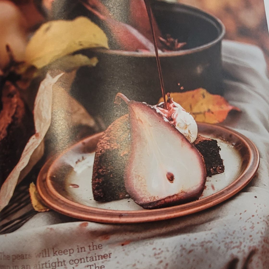 Fudge Chocolate Almond Cake with Red Wine Poached Pears