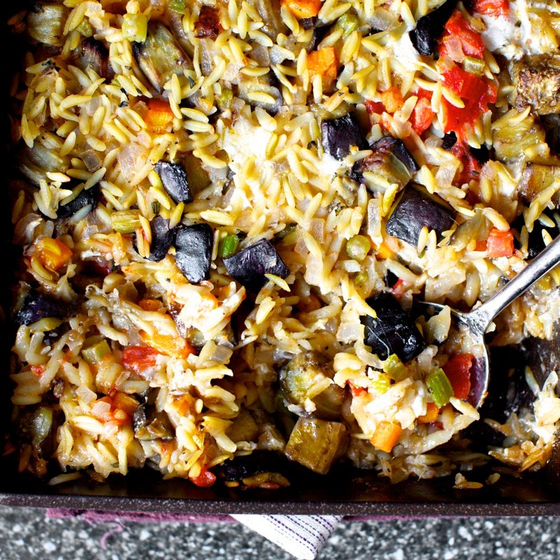 baked orzo with eggplant and mozzarella