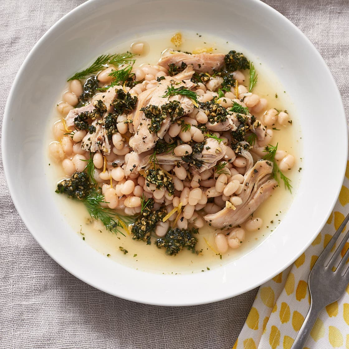 Recipe: Lemon Braised Chicken & Beans with Mint Pesto