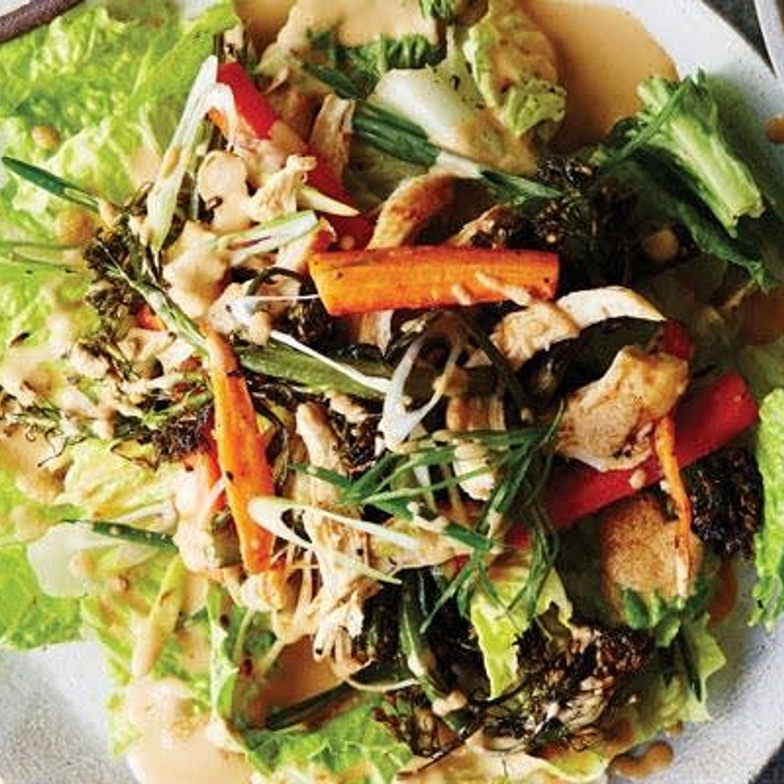 Roasted Carrot, Broccolini, and Chicken Salad with Tahini, Lemon, and Harissa Dressing