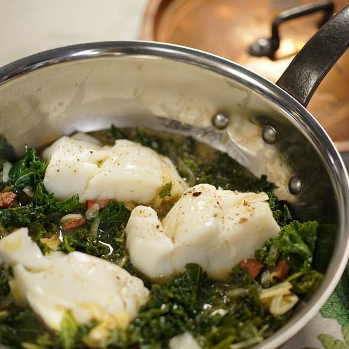 Cod with Kale and Chorizo in Broth - Ellie Krieger