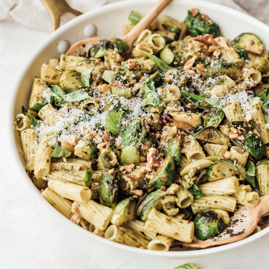 Rigatoni with Brussels Sprouts & Kale Pesto