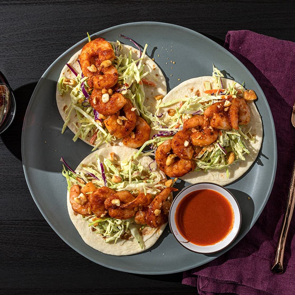 Honey Chipotle Shrimp Tacos with Avocado Lime Slaw & Corn Nut Crumble