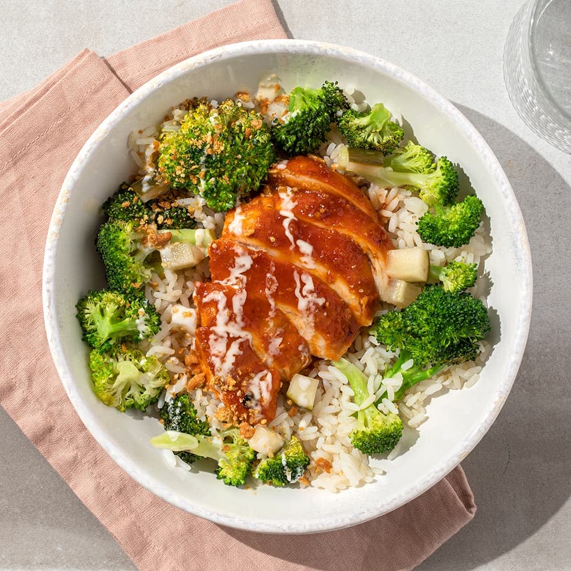 Gochujang-Glazed Chicken Bowl with White Rice, Broccoli & Sweet Sesame Dressing