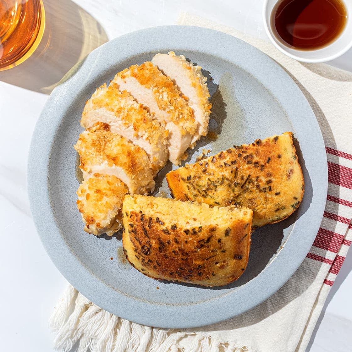 Crispy Panko-Crusted Chicken Breast with Bacon Chive Cornbread & Maple Drizzle