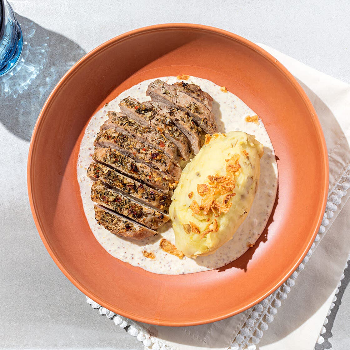 Herbed Pork Chop in Mustard Cream Sauce with Mashed Potatoes & Crispy Onions