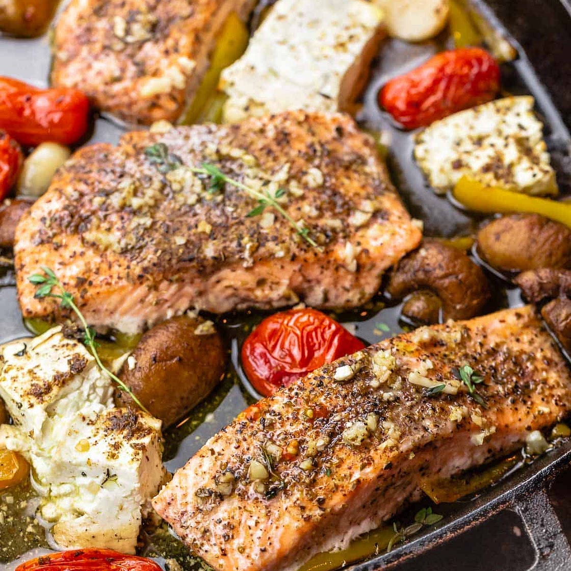 Baked Salmon with Vegetables and Feta