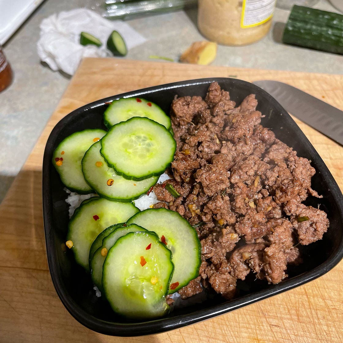 Korean-Style Beef Rice Bowl with Cucumbers