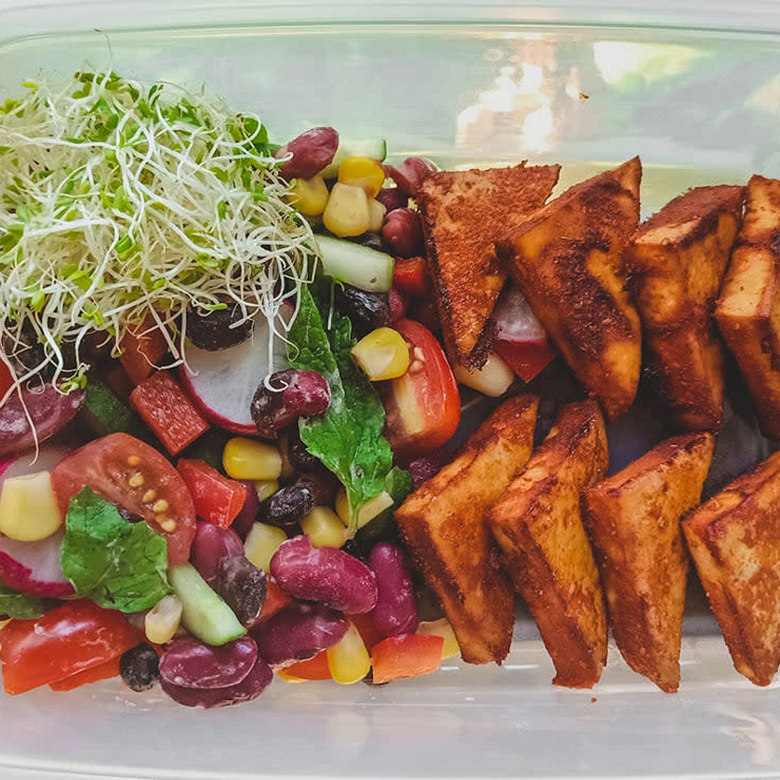 BBQ Tofu with Mixed Beans Salad