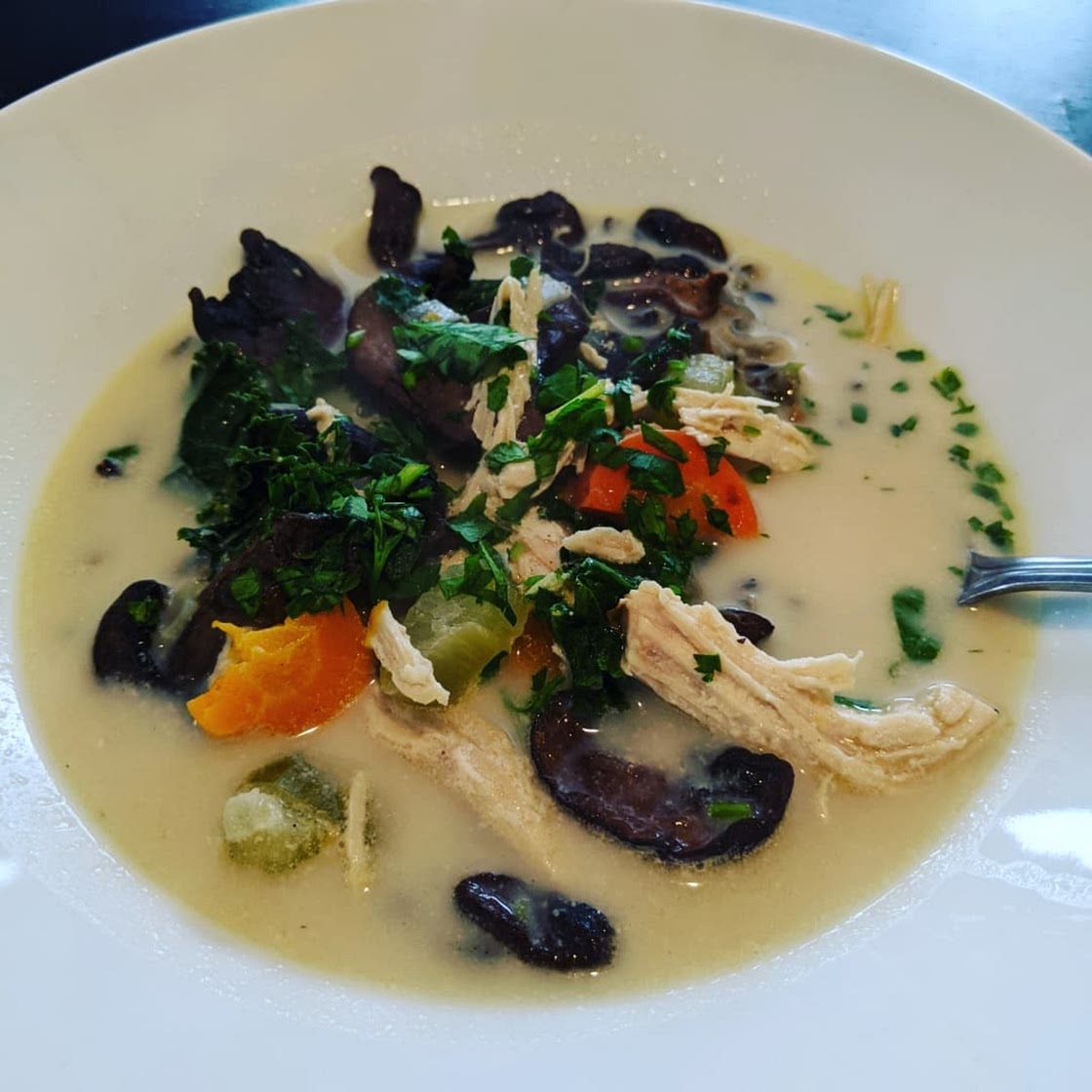 Creamy Wild Rice Chicken Soup with Roasted Mushrooms