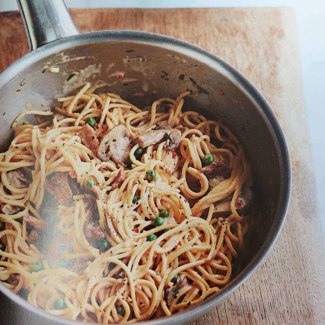 Cornish 'Carbonara' with Chilli, Mushrooms and Peas