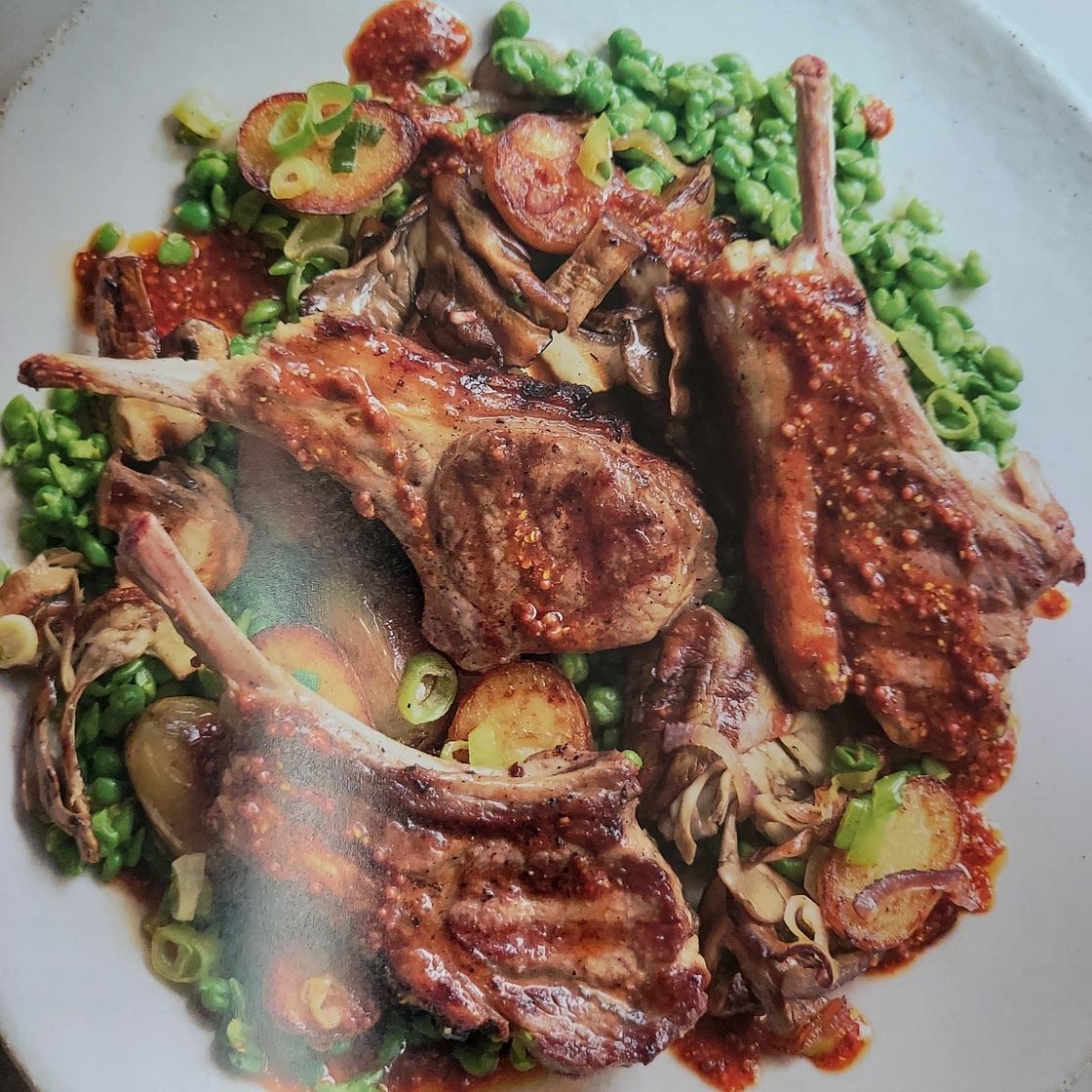 Lamb Chops with Smoked Chipotle Vinaigrette, Creamy Mashed Peas and Caramelised Potatoes