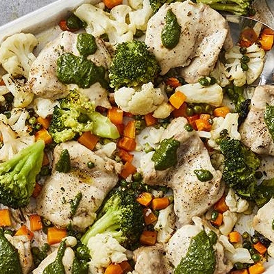 Sheet Pan Chicken with Veggies and Chimichurri Sauce