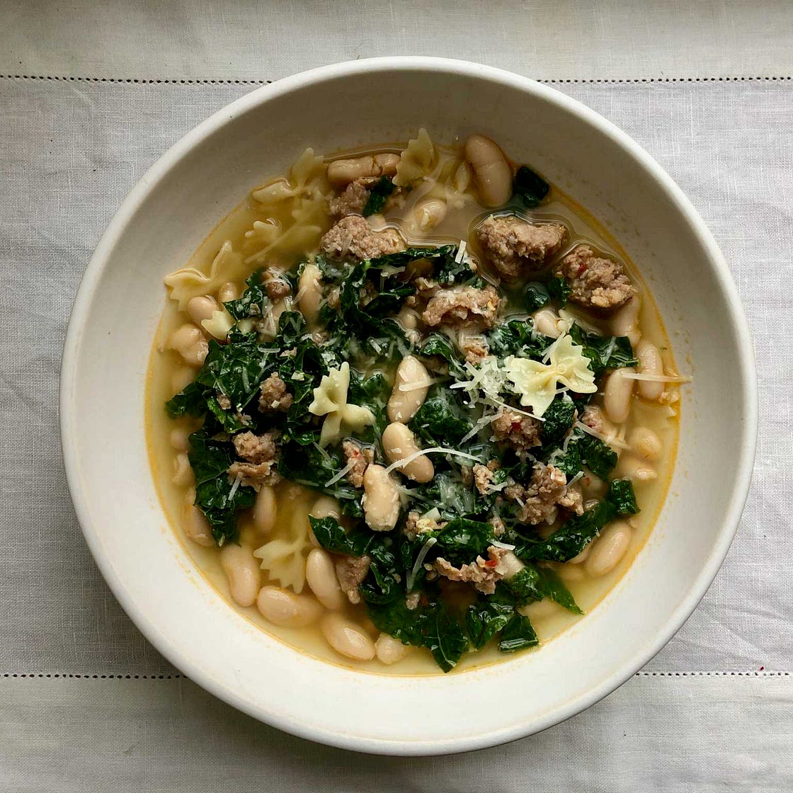 A one-pot meal you can throw together with what’s on hand: pasta, sausage and white beans