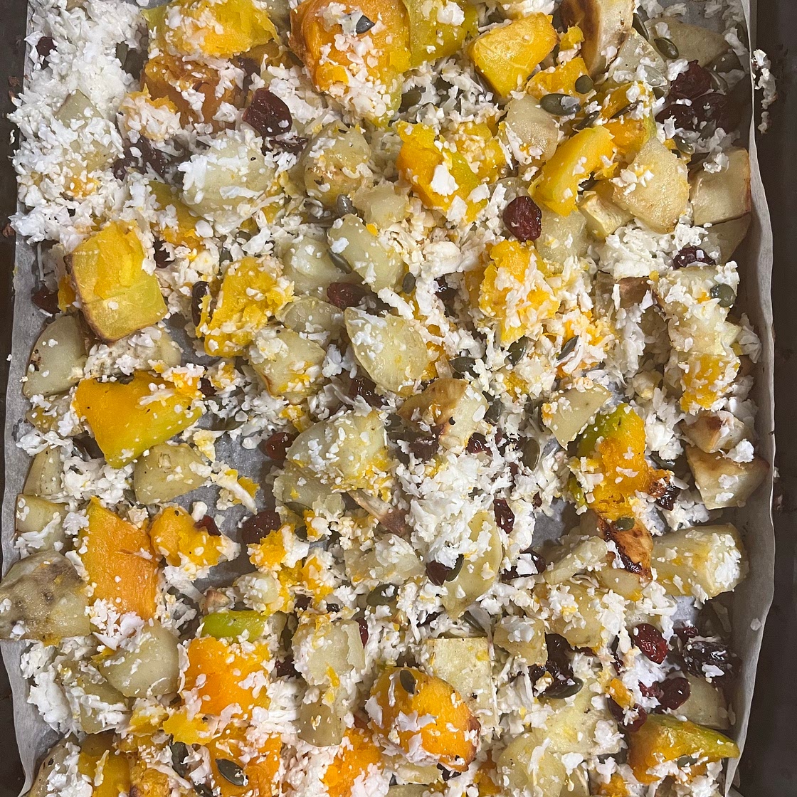 ROAST SWEET POTATO, PUMPKIN AND FETA CAULI-RICE TUMBLE SALAD