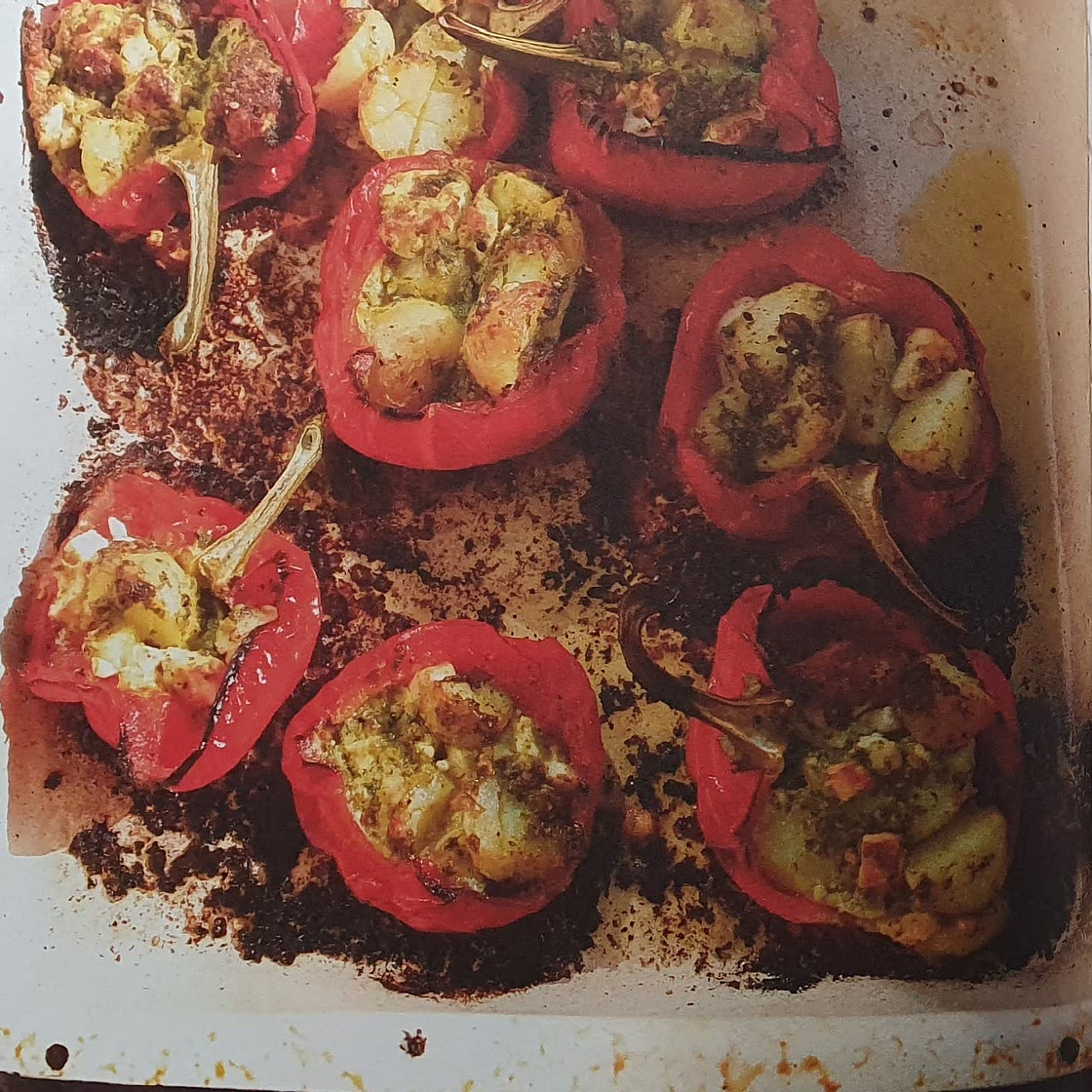 Stuffed peppers with new potatoes, feta and pesto