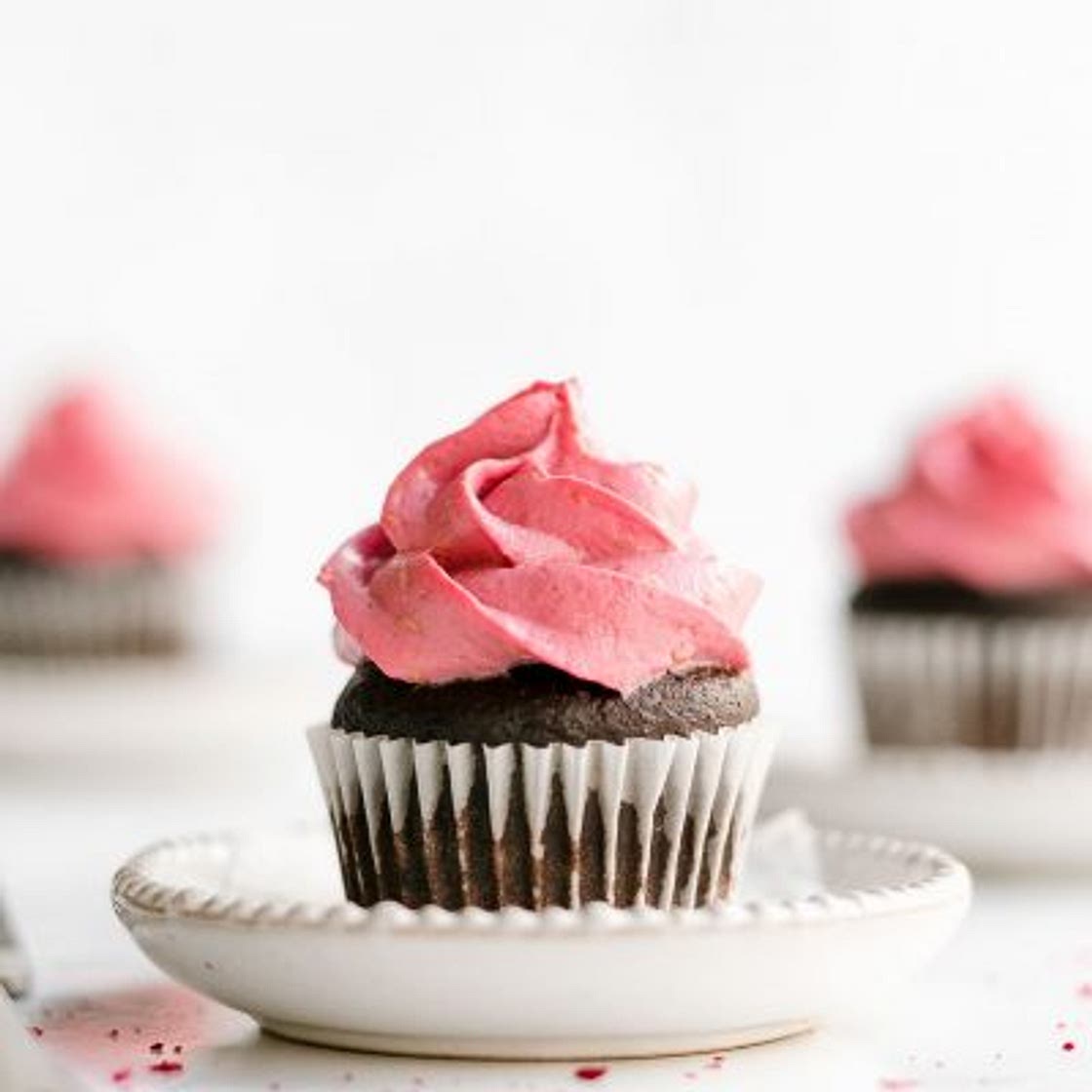 Healthy Small Batch Mini Chocolate Cupcakes with Raspberry Frosting