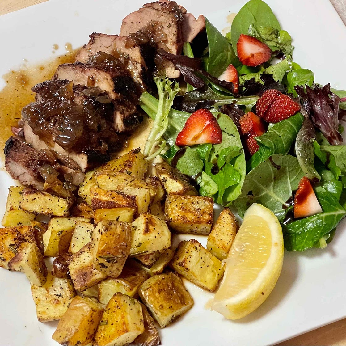 Figgy Balsamic Pork with Lemony Greens and Rosemary Potatoes