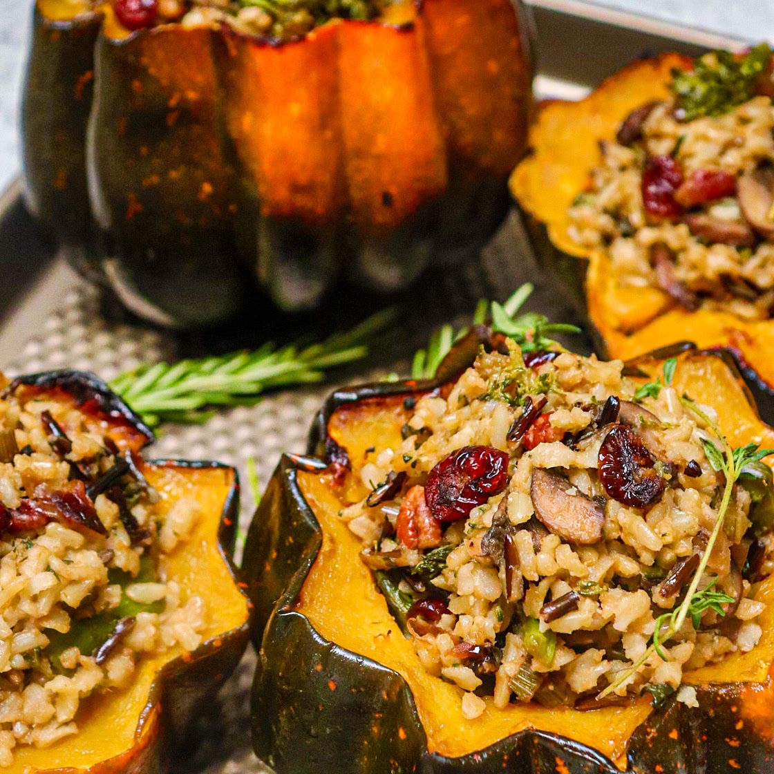 Vegan Wild Rice Stuffed Acorn Squash